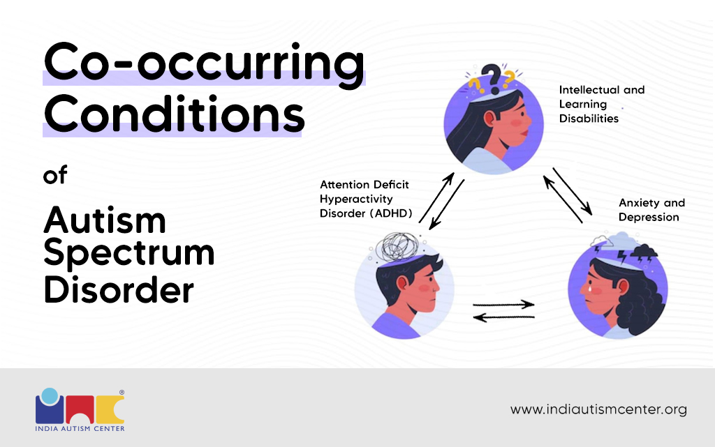 Infographic highlighting common co-occurring conditions with autism spectrum disorder, such as depression, anxiety, ADHD, and intellectual disability.
